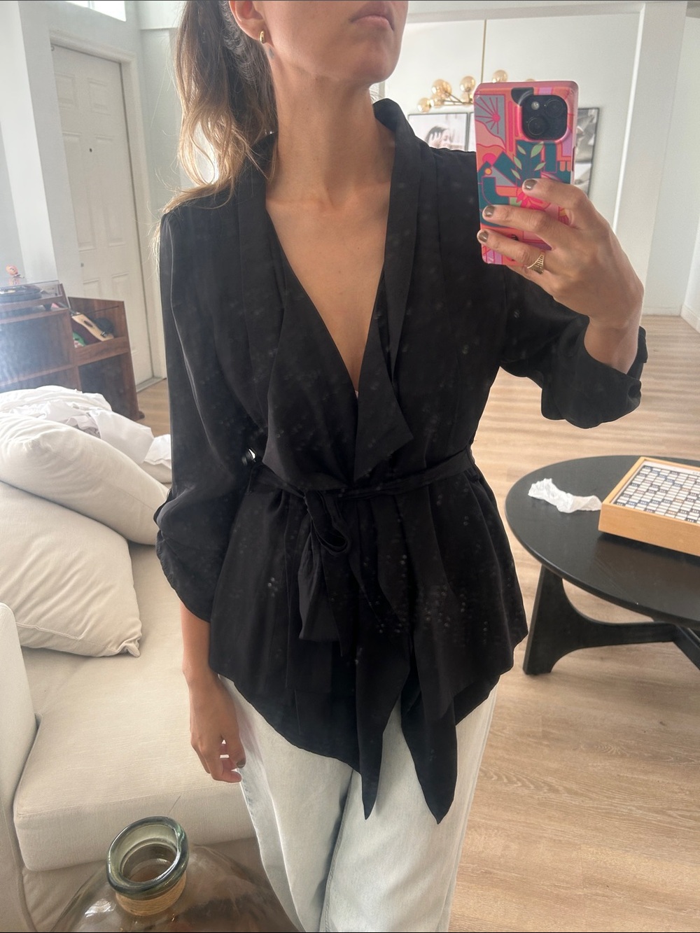 Yumi Kim Black Tie-Waist Satin Jacket